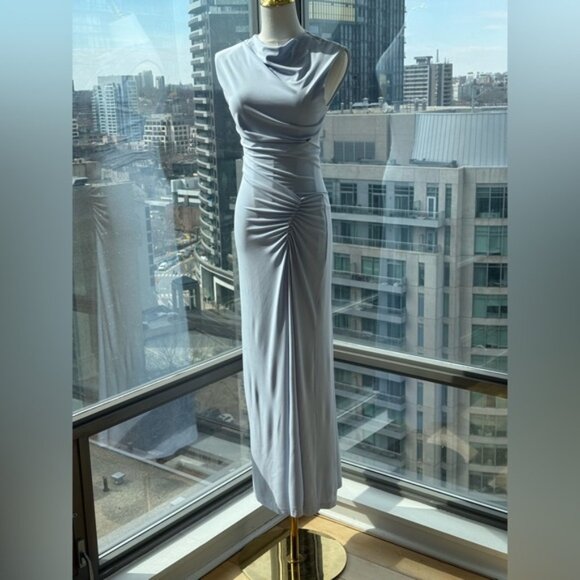 🆕 SIMKHAI 🧿 NWOT Acacia Draped Ruched Jersey Midi Dress, Blue Haze - Sz XS - Picture 4 of 15